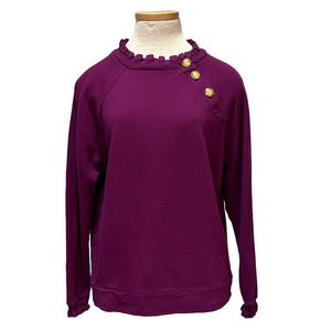 Talbots sz L magenta 100% cotton ruffled top with gold crested button detail